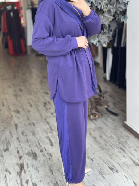 Ghisa Belden Büzgülü Kapüşonlu Ceket Pantolon Takım 4789 MOR - 2