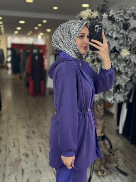 Ghisa Belden Büzgülü Kapüşonlu Ceket Pantolon Takım 4789 MOR - 2