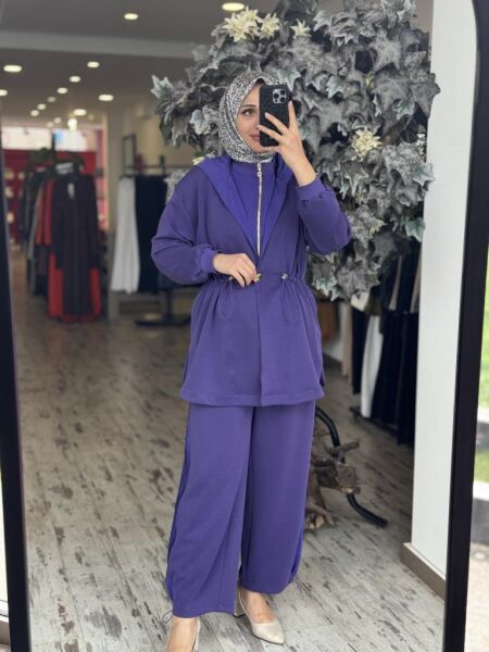 Ghisa Belden Büzgülü Kapüşonlu Ceket Pantolon Takım 4789 MOR - 2