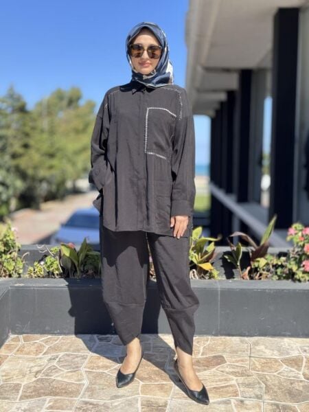 Almarwah Dikiş Detaylı Gömlek Şalvar Takım 202885