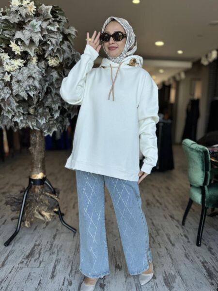 Vuu Sırtı Nakışlı Kapüşonlu Sweatshırt 24FW11V115 BEYAZ - 1