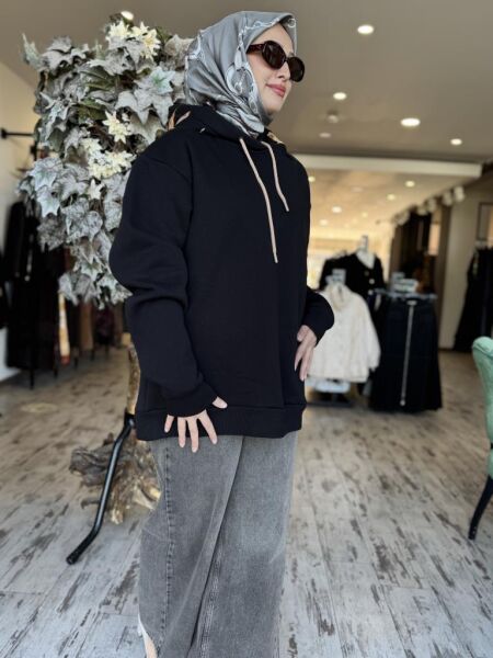 Vuu Sırtı Nakışlı Kapüşonlu Sweatshırt 24FW11V115 SİYAH - 1