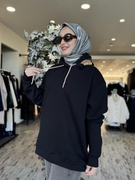 Vuu Sırtı Nakışlı Kapüşonlu Sweatshırt 24FW11V115 SİYAH - 1