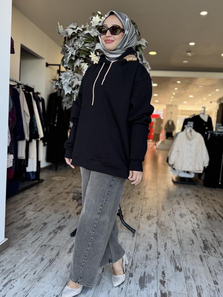 Vuu Sırtı Nakışlı Kapüşonlu Sweatshırt 24FW11V115 SİYAH - 2