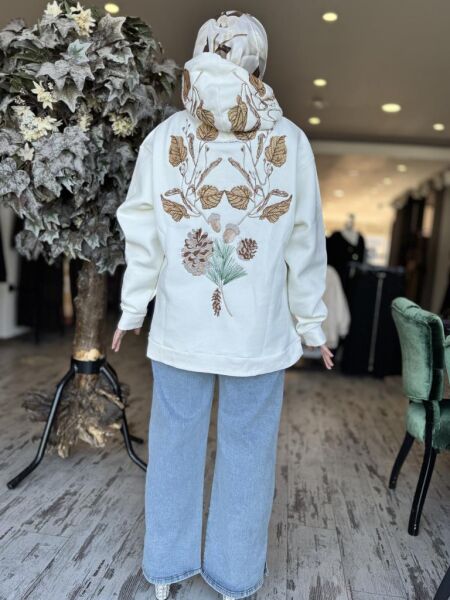 Vuu Sırtı Nakışlı Kapüşonlu Sweatshırt 24FW11V115 BEYAZ - L