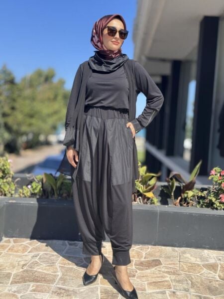 Almarwah Teknik Kumaş Detaylı Şifon Yelekli Şalvar Tulum Takım 202906