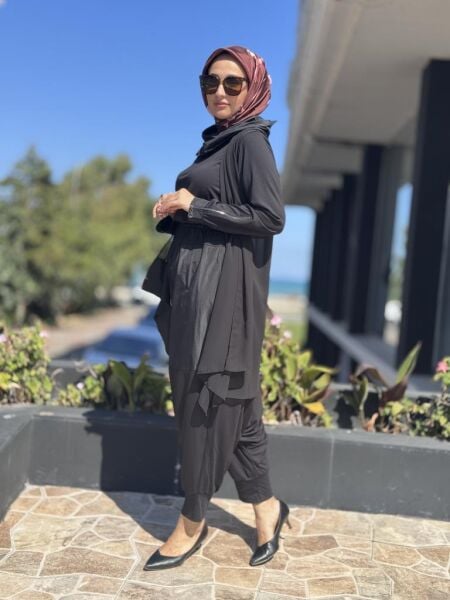 Almarwah Teknik Kumaş Detaylı Şifon Yelekli Şalvar Tulum Takım 202906