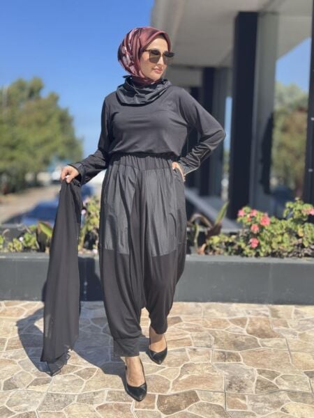 Almarwah Teknik Kumaş Detaylı Şifon Yelekli Şalvar Tulum Takım 202906