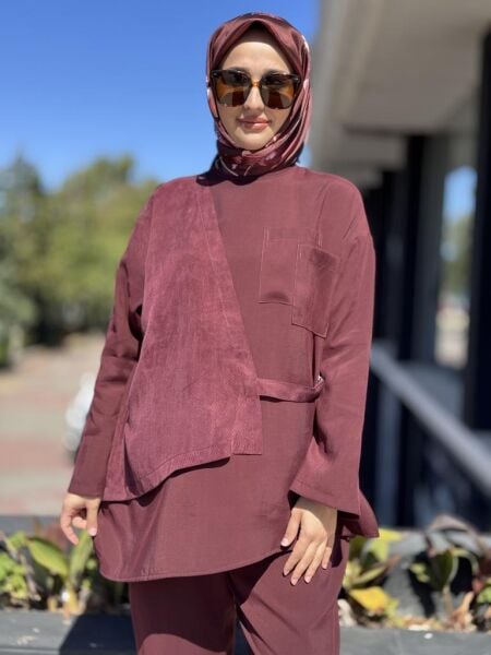 Almarwah Cupra Detaylı Çizgili Tunik Pantolon Takım 202933