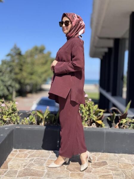 Almarwah Cupra Detaylı Çizgili Tunik Pantolon Takım 202933