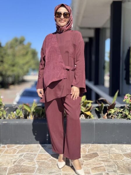 Almarwah Cupra Detaylı Çizgili Tunik Pantolon Takım 202933