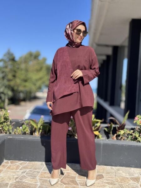 Almarwah Cupra Detaylı Çizgili Tunik Pantolon Takım 202933
