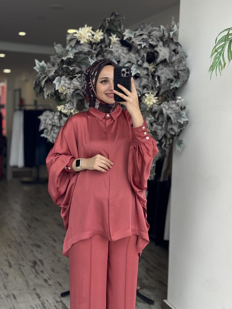 Ghisa Yarasa Kol Gömlek Pantolon Saten Takım 4894 KİREMİT - 1