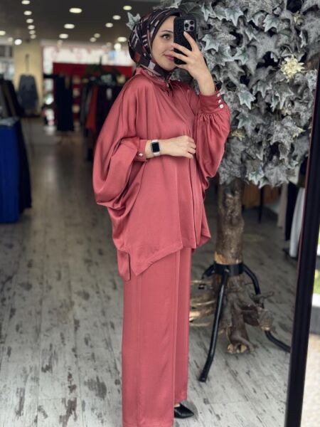 Ghisa Yarasa Kol Gömlek Pantolon Saten Takım 4894 KİREMİT - 1