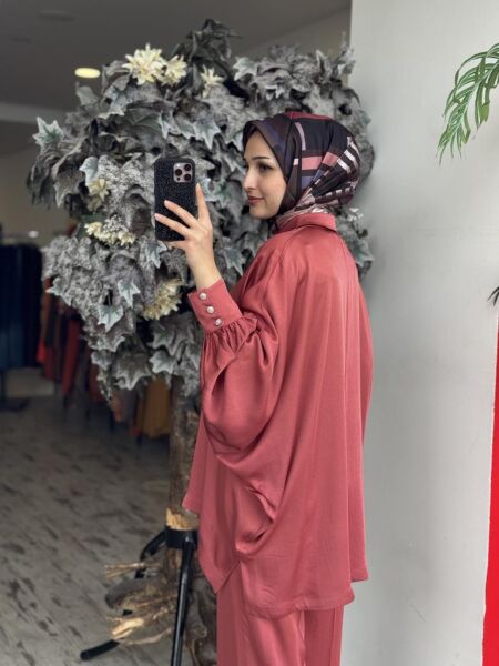 Ghisa Yarasa Kol Gömlek Pantolon Saten Takım 4894 KİREMİT - 1