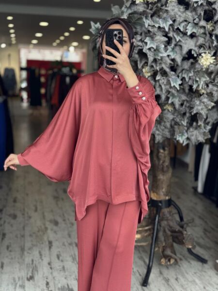 Ghisa Yarasa Kol Gömlek Pantolon Saten Takım 4894 KİREMİT - 1