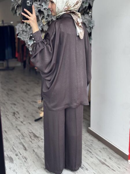 Ghisa Yarasa Kol Gömlek Pantolon Saten Takım 4894 KAHVE - 1