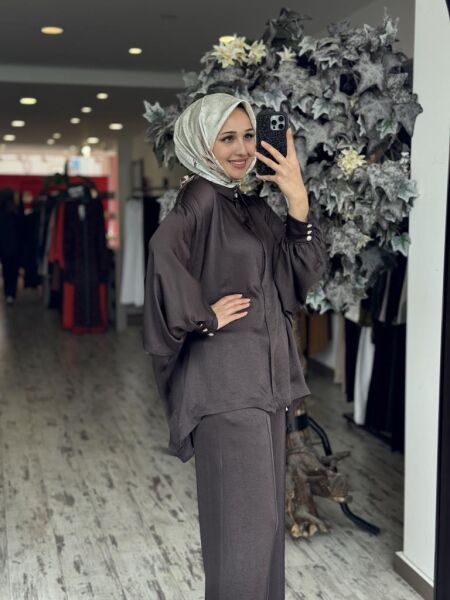 Ghisa Yarasa Kol Gömlek Pantolon Saten Takım 4894 KAHVE - 1