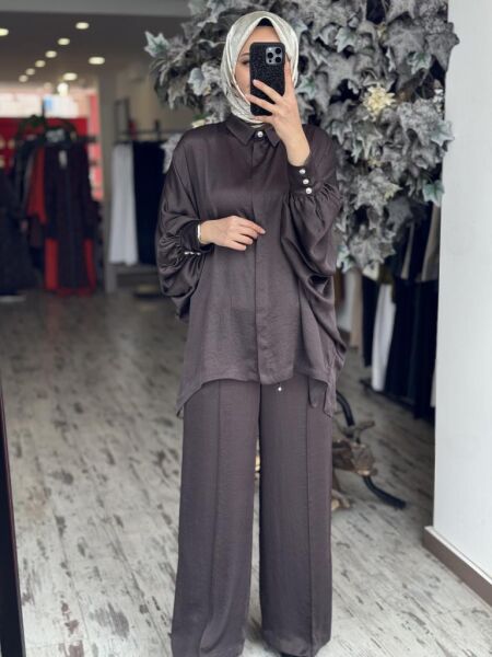 Ghisa Yarasa Kol Gömlek Pantolon Saten Takım 4894 KAHVE - 1