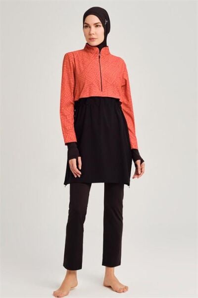 Haşema Esila Serisi 5 Parça Jileli Turuncu-Siyah Tam Tesettür Mayo Takımı HSM2934 M - TURUNCU-SİYAH