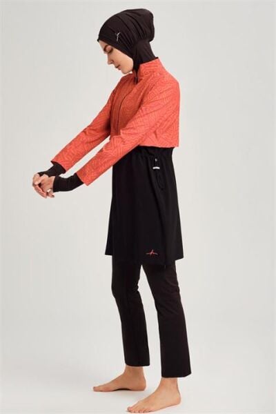 Haşema Esila Serisi 5 Parça Jileli Turuncu-Siyah Tam Tesettür Mayo Takımı HSM2934 M - TURUNCU-SİYAH