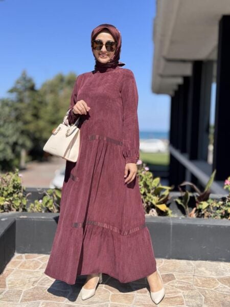 Almarwah Teknik Kumaş Detaylı Çizgili Cupra İpek Elbise 303878