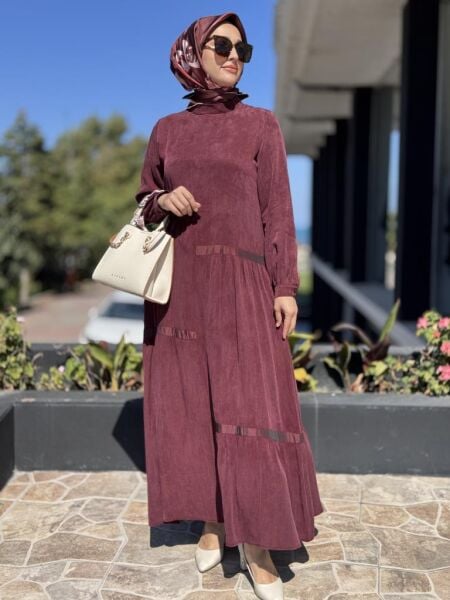 Almarwah Teknik Kumaş Detaylı Çizgili Cupra İpek Elbise 303878