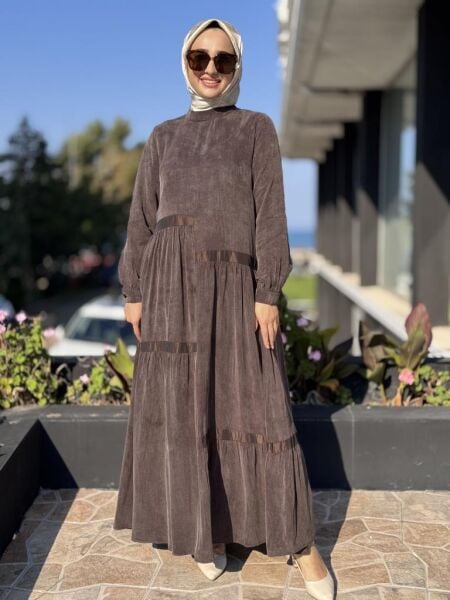 Almarwah Teknik Kumaş Detaylı Çizgili Cupra İpek Elbise 303878