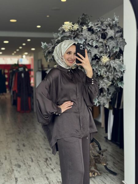 Ghisa Yarasa Kol Gömlek Pantolon Saten Takım 4894 KAHVE - 2