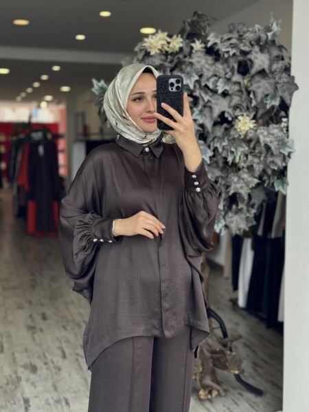 Ghisa Yarasa Kol Gömlek Pantolon Saten Takım 4894 KAHVE - 2