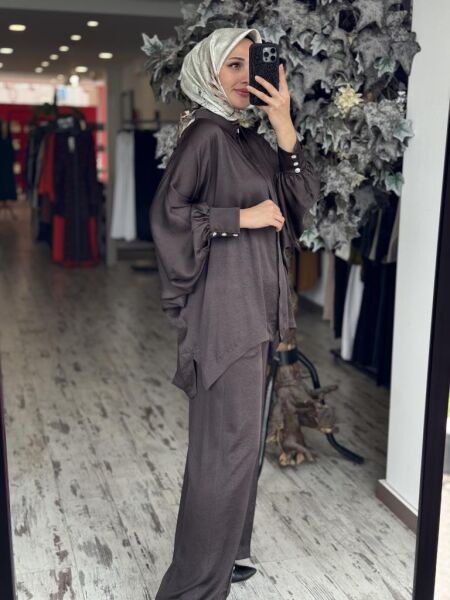 Ghisa Yarasa Kol Gömlek Pantolon Saten Takım 4894 KAHVE - 2