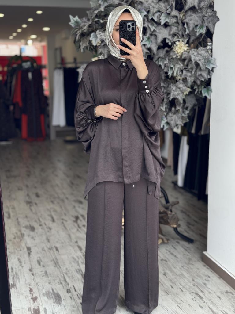 Ghisa Yarasa Kol Gömlek Pantolon Saten Takım 4894 KAHVE - 2