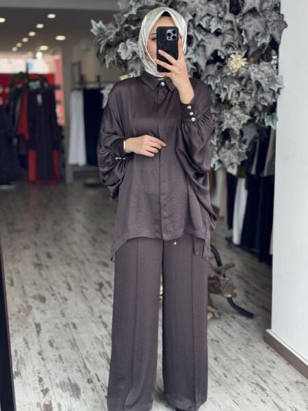 Ghisa Yarasa Kol Gömlek Pantolon Saten Takım 4894 KAHVE - 2