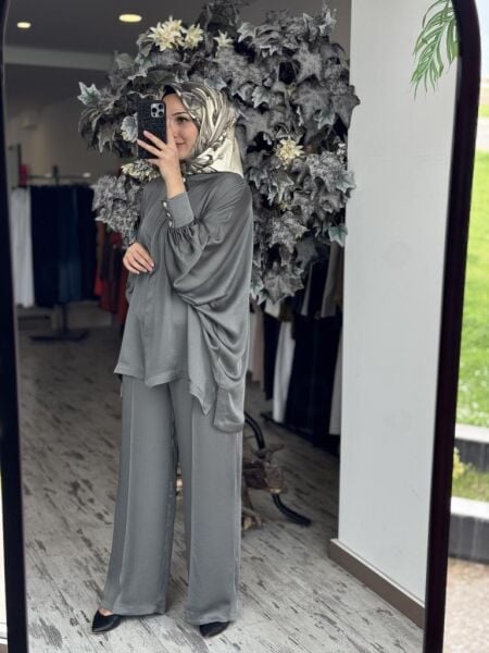 Ghisa Yarasa Kol Gömlek Pantolon Saten Takım 4894 HAKİ - 1