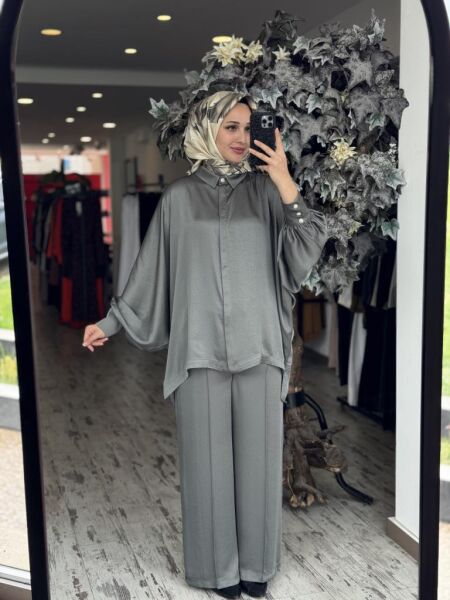 Ghisa Yarasa Kol Gömlek Pantolon Saten Takım 4894 HAKİ - 1