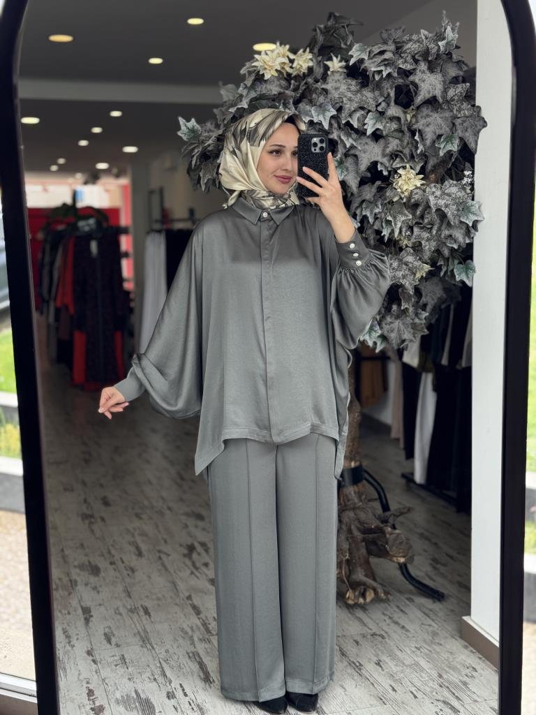 Ghisa Yarasa Kol Gömlek Pantolon Saten Takım 4894 HAKİ - 2