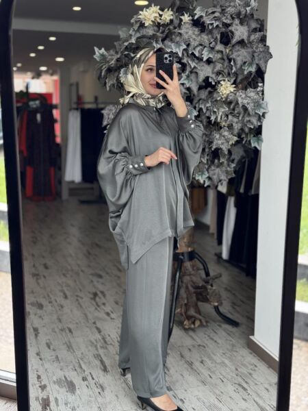 Ghisa Yarasa Kol Gömlek Pantolon Saten Takım 4894 HAKİ - 2