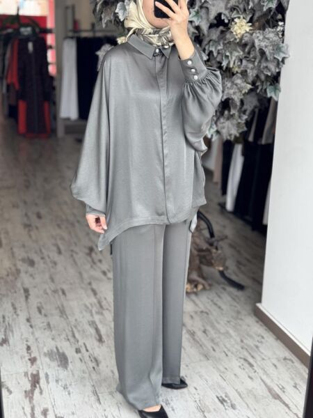 Ghisa Yarasa Kol Gömlek Pantolon Saten Takım 4894 HAKİ - 2