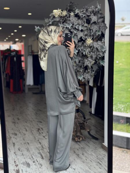 Ghisa Yarasa Kol Gömlek Pantolon Saten Takım 4894 HAKİ - 2