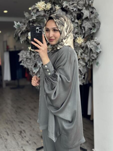 Ghisa Yarasa Kol Gömlek Pantolon Saten Takım 4894 HAKİ - 2