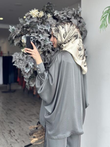 Ghisa Yarasa Kol Gömlek Pantolon Saten Takım 4894 HAKİ - 2