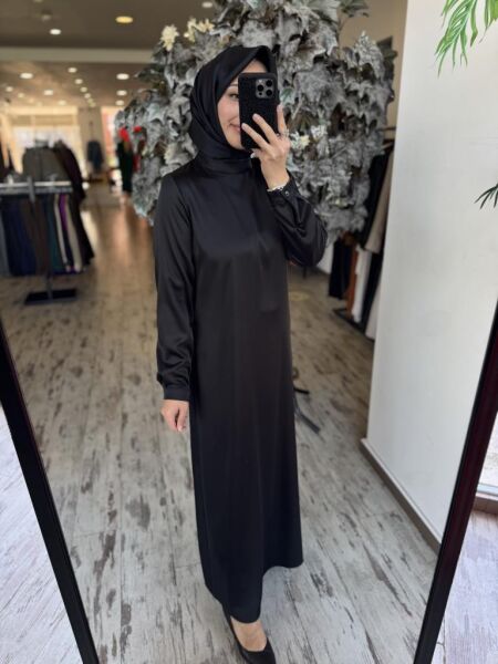 Almarwah İpek Saten Sade Siyah Elbise 90489 SİYAH - 36