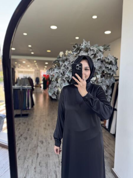 Almarwah İpek Saten Sade Siyah Elbise 90489 SİYAH - 36