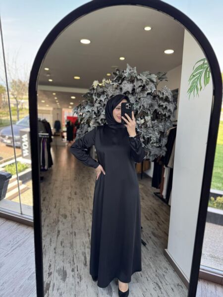Almarwah İpek Saten Sade Siyah Elbise 90489 SİYAH - 36