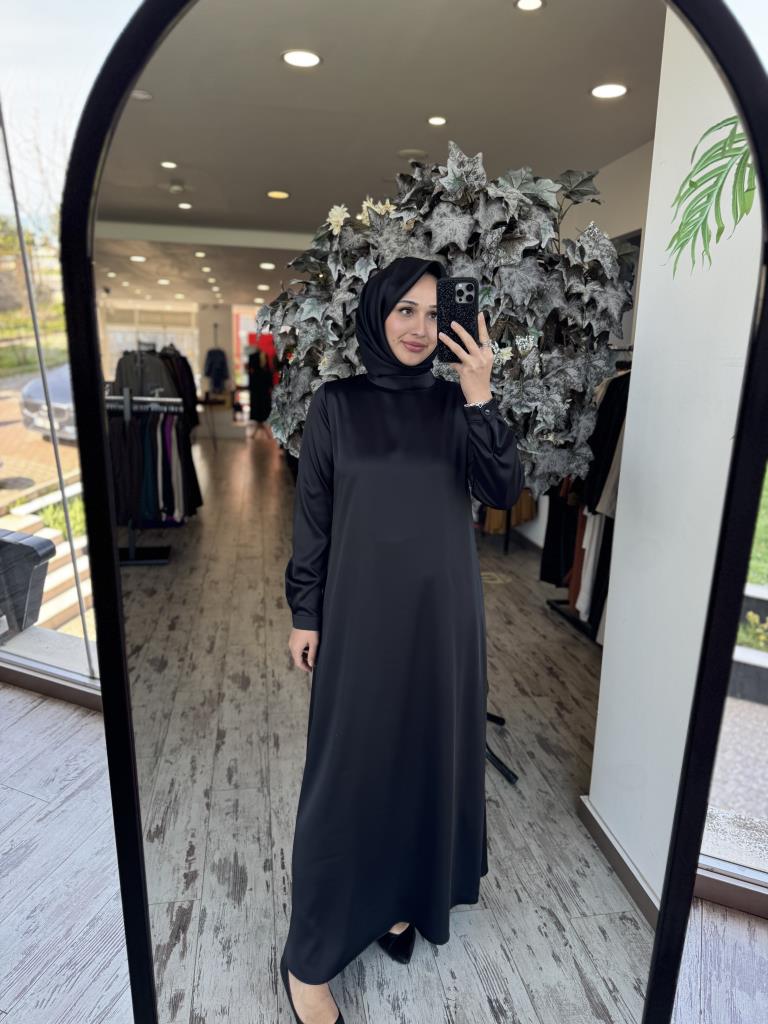 Almarwah İpek Saten Sade Siyah Elbise 90489 SİYAH - 38