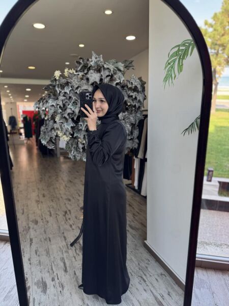 Almarwah İpek Saten Sade Siyah Elbise 90489 SİYAH - 38