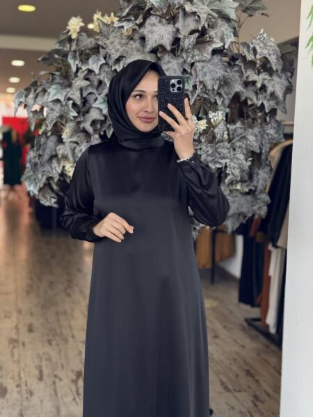 Almarwah İpek Saten Sade Siyah Elbise 90489 SİYAH - 40