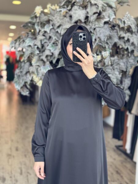 Almarwah İpek Saten Sade Siyah Elbise 90489 SİYAH - 42