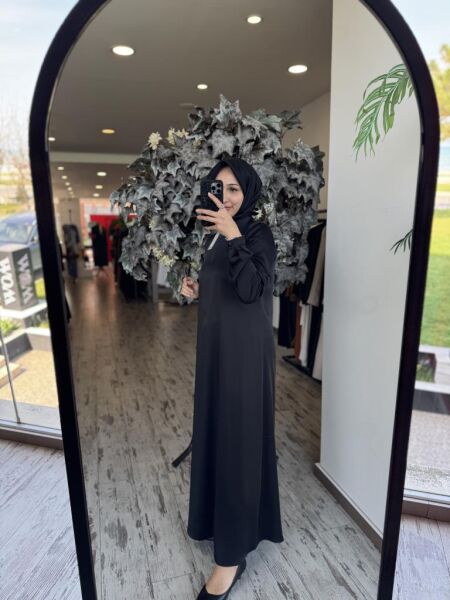 Almarwah İpek Saten Sade Siyah Elbise 90489 SİYAH - 42