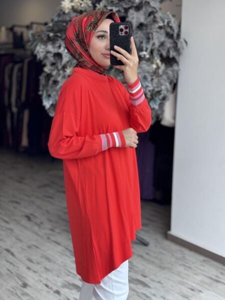 Tığ Triko Manşetleri Çizgili Ribanalı Modal Tunik TNK3067